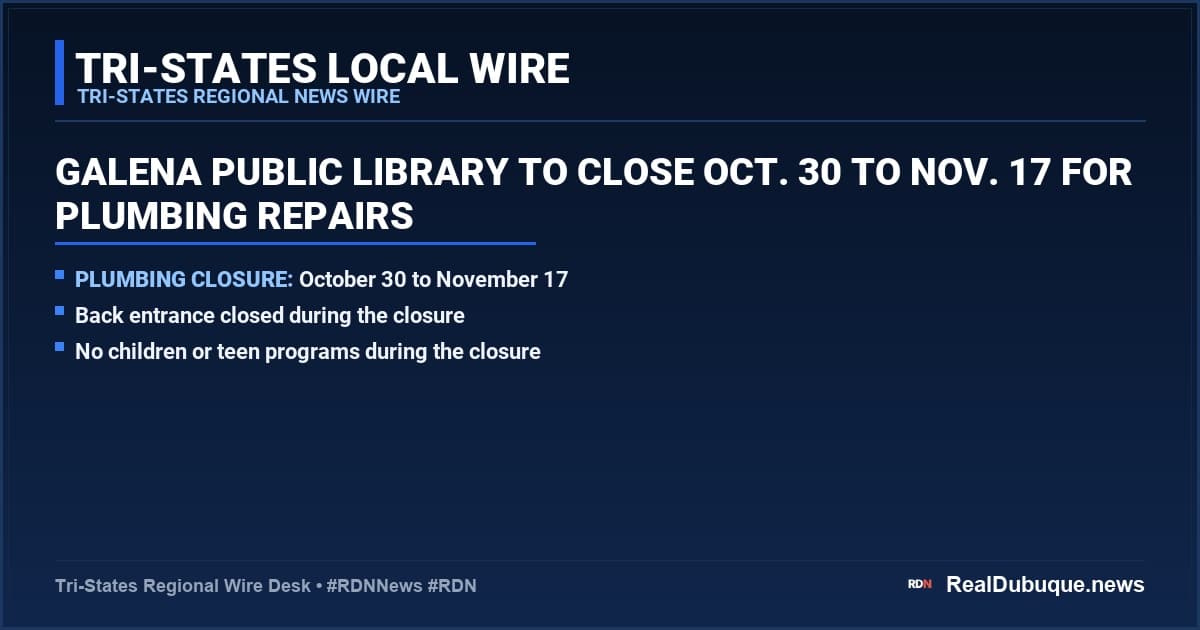 Galena Public Library to Close Oct. 30 to Nov. 17 for Plumbing Repairs