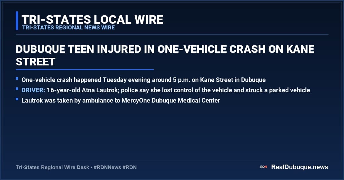 Dubuque Teen Injured in One-Vehicle Crash on Kane Street