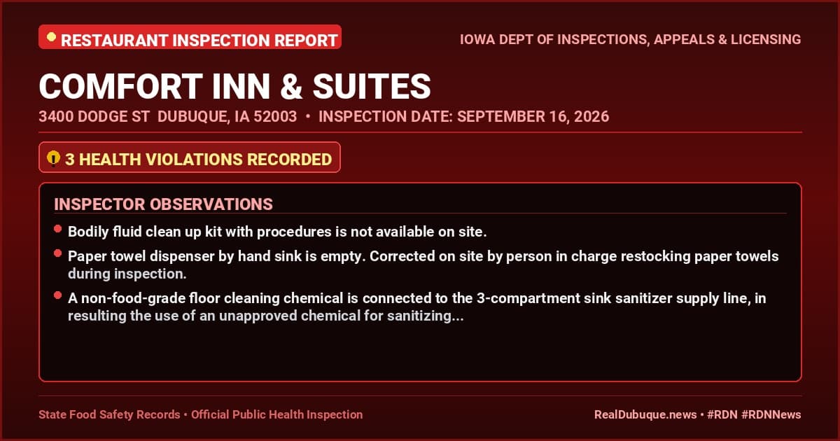Dubuque Health Inspection: COMFORT INN & SUITES Cited with 3 Violations