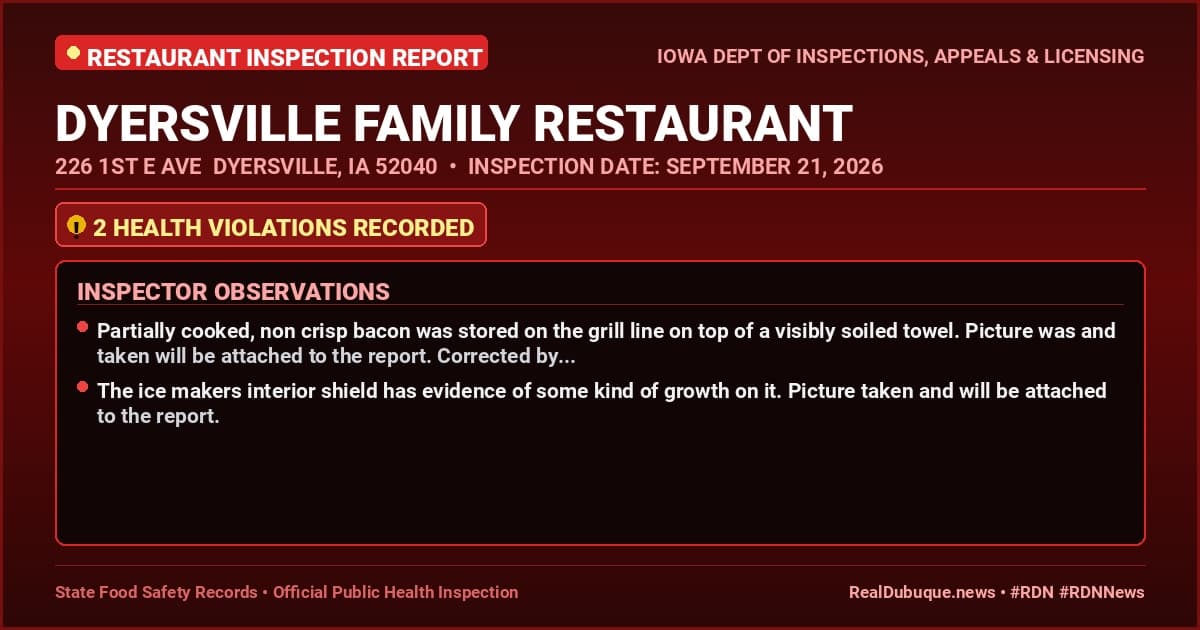 Dubuque Health Inspection: DYERSVILLE FAMILY RESTAURANT Cited with 2 Violations