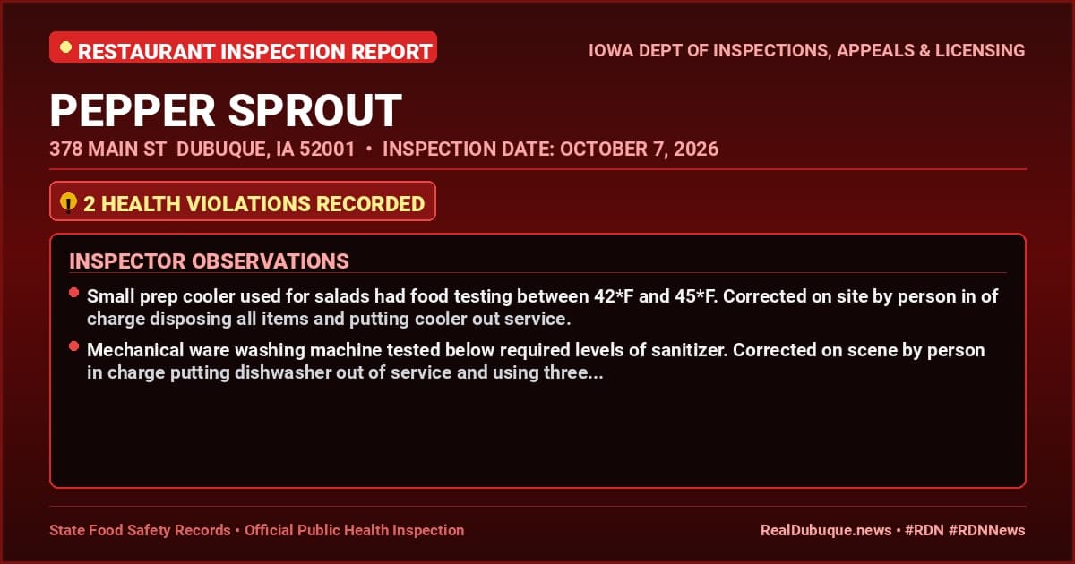 Dubuque Health Inspection: PEPPER SPROUT Cited with 2 Violations