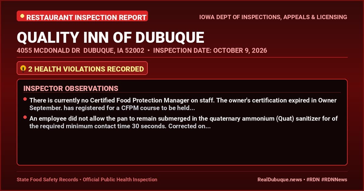 Dubuque Health Inspection: QUALITY INN OF DUBUQUE Cited with 2 Violations