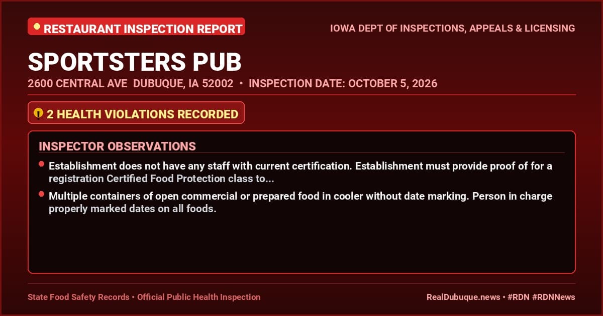 Dubuque Health Inspection: SPORTSTERS PUB Cited with 2 Violations