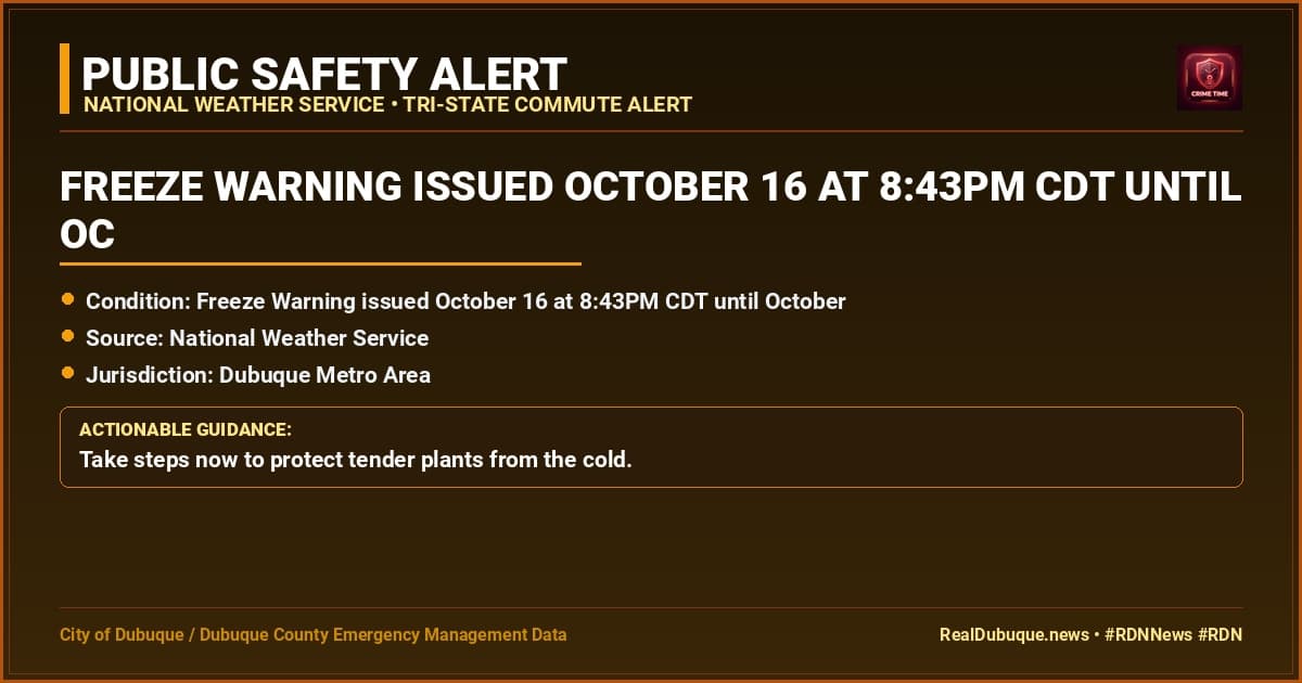 Freeze Warning issued October 16 at 11:56PM CDT until October 17 at 9:00AM CDT by NWS La Crosse WI
