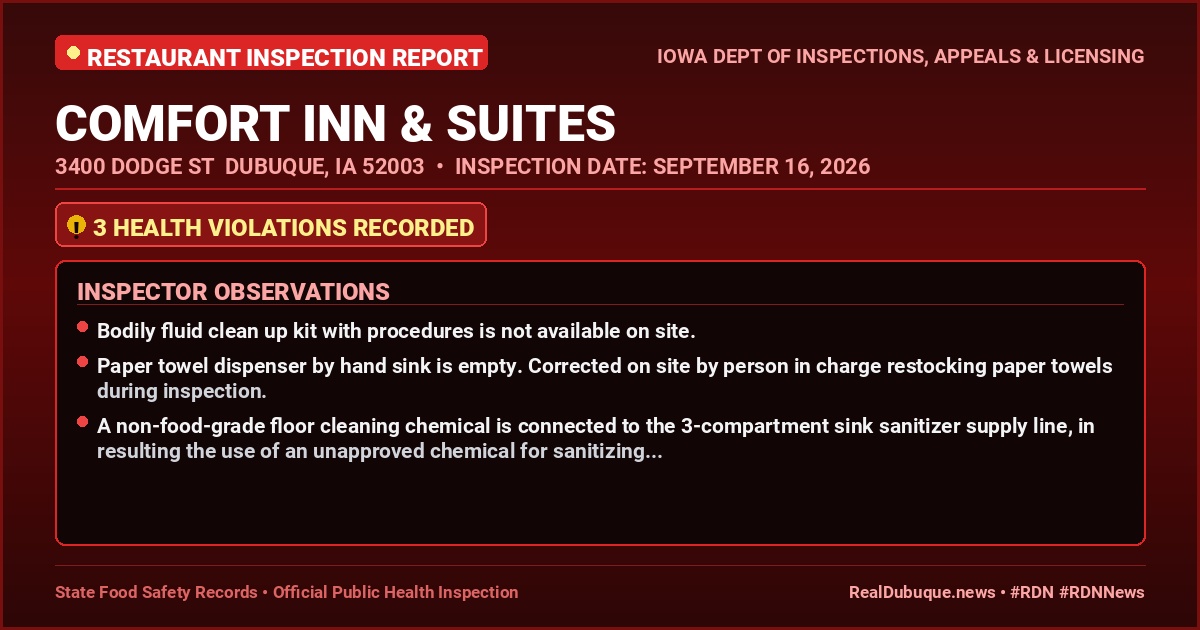 Dubuque Health Inspection: COMFORT INN & SUITES Cited with 3 Violations
