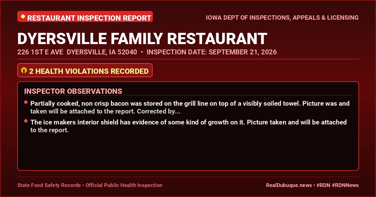 Dubuque Health Inspection: DYERSVILLE FAMILY RESTAURANT Cited with 2 Violations