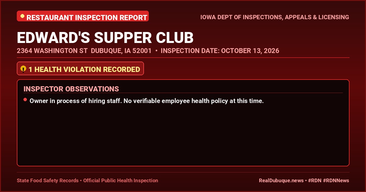 Dubuque Health Inspection: EDWARD'S SUPPER CLUB Cited with 1 Violation