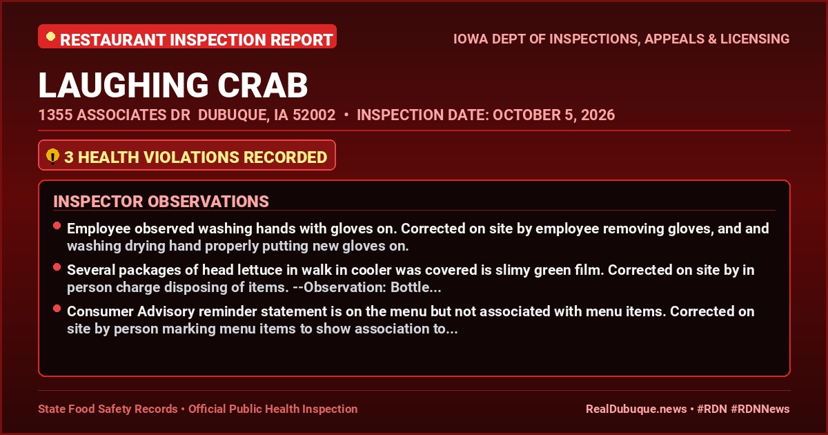 Dubuque Health Inspection: LAUGHING CRAB Cited with 3 Violations