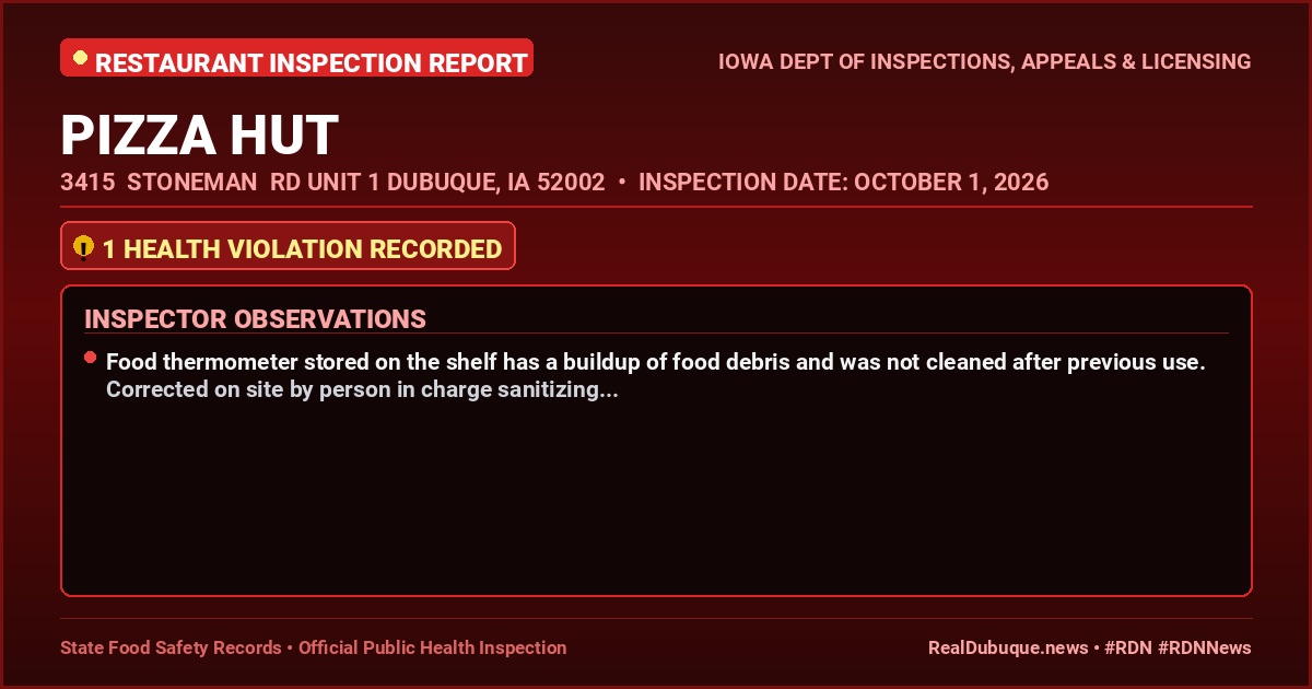 Dubuque Health Inspection: PIZZA HUT Cited with 1 Violation