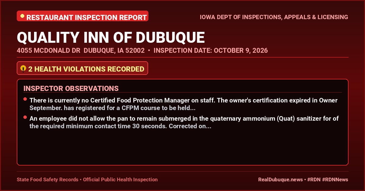 Dubuque Health Inspection: QUALITY INN OF DUBUQUE Cited with 2 Violations