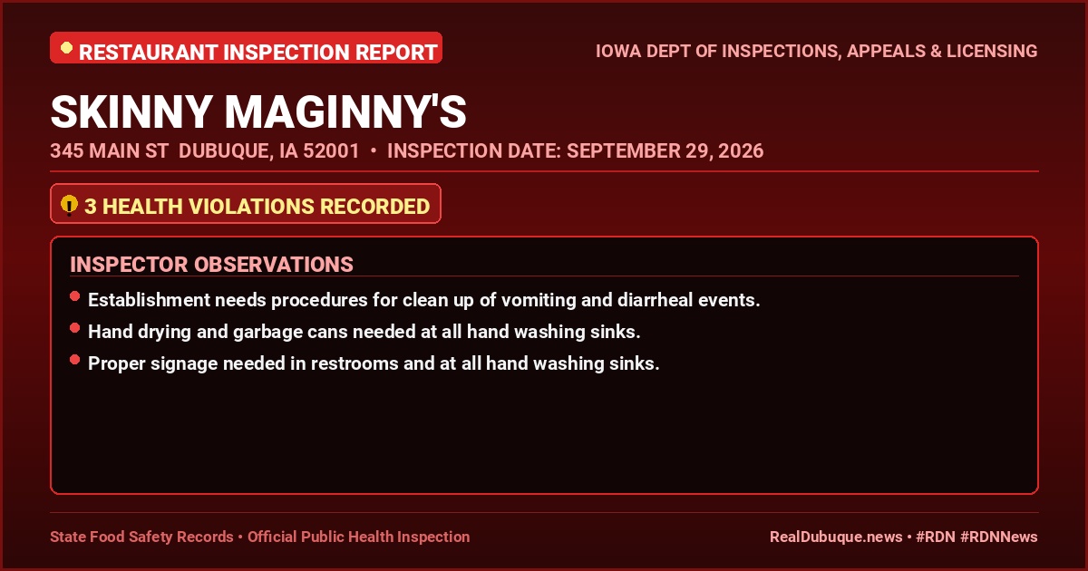 Dubuque Health Inspection: SKINNY MAGINNY'S Cited with 3 Violations