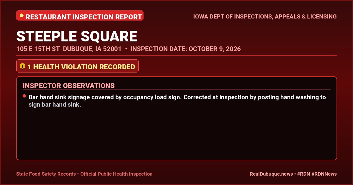 Dubuque Health Inspection: STEEPLE SQUARE Cited with 1 Violation