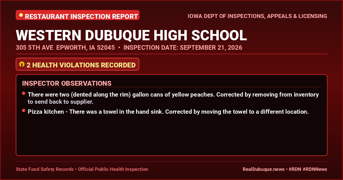 Dubuque Health Inspection: WESTERN DUBUQUE HIGH SCHOOL Cited with 2 Violations